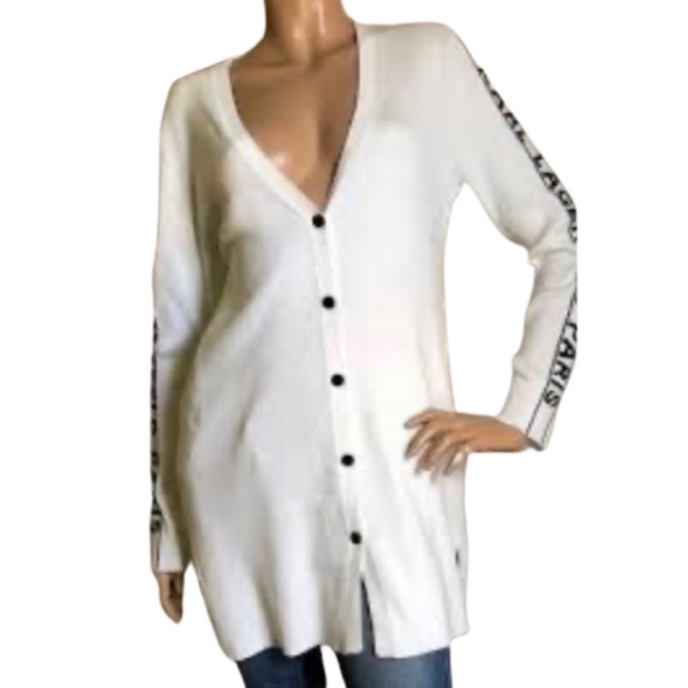 Karl Lagerfeld Paris Long Cardigan Ribbed White/Black Sweater Side Arm Logo XS - Picture 7 of 8